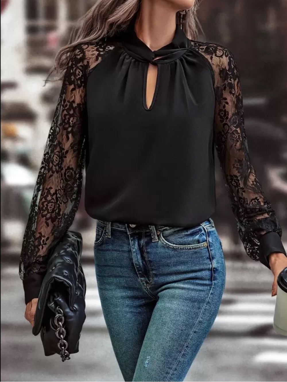 Boho contrast lace tie neck blouse